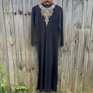 Vintage 60s 70s Black Gold Long Sleeve Kaftan Nylon Hostess Gown Dress Small S